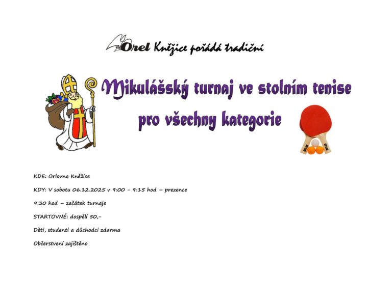 Pozvánka – Mikulášský turnaj ve stolním tenise pro všechny kategorie – Kněžice – 6. 12. 2025